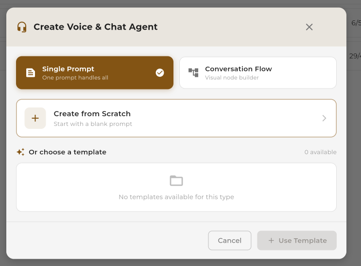 Create agent modal with options