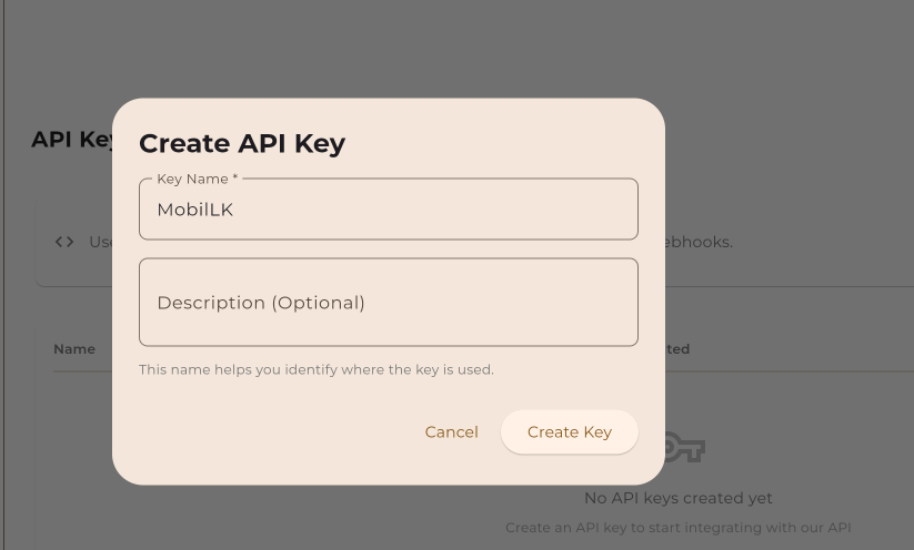 Create API key button