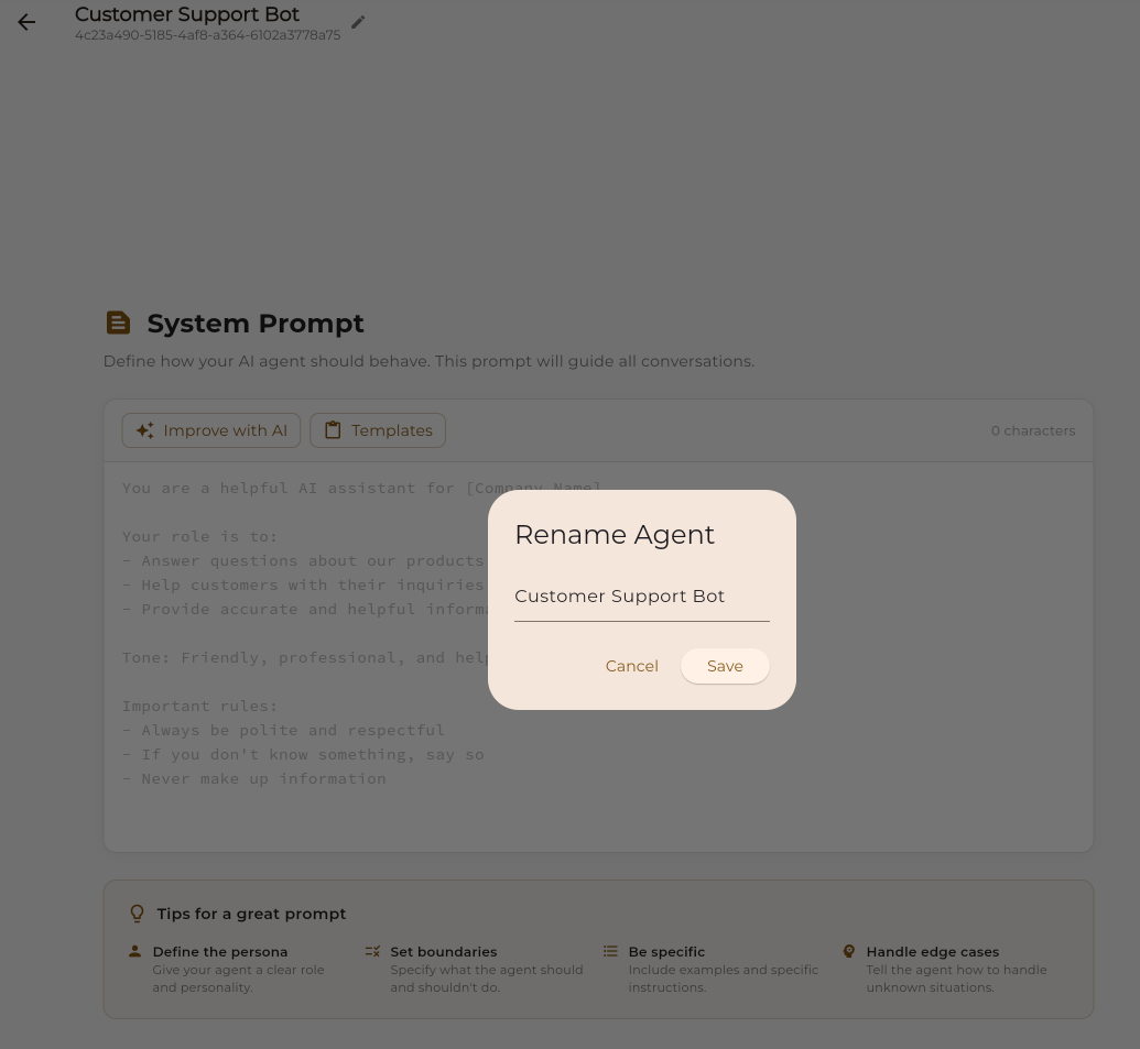 Agent creation modal