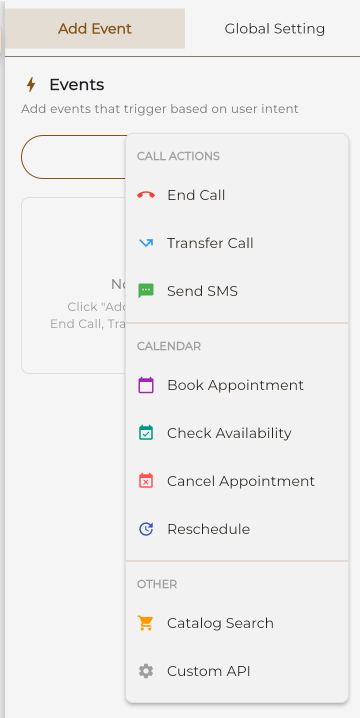 Events configuration panel