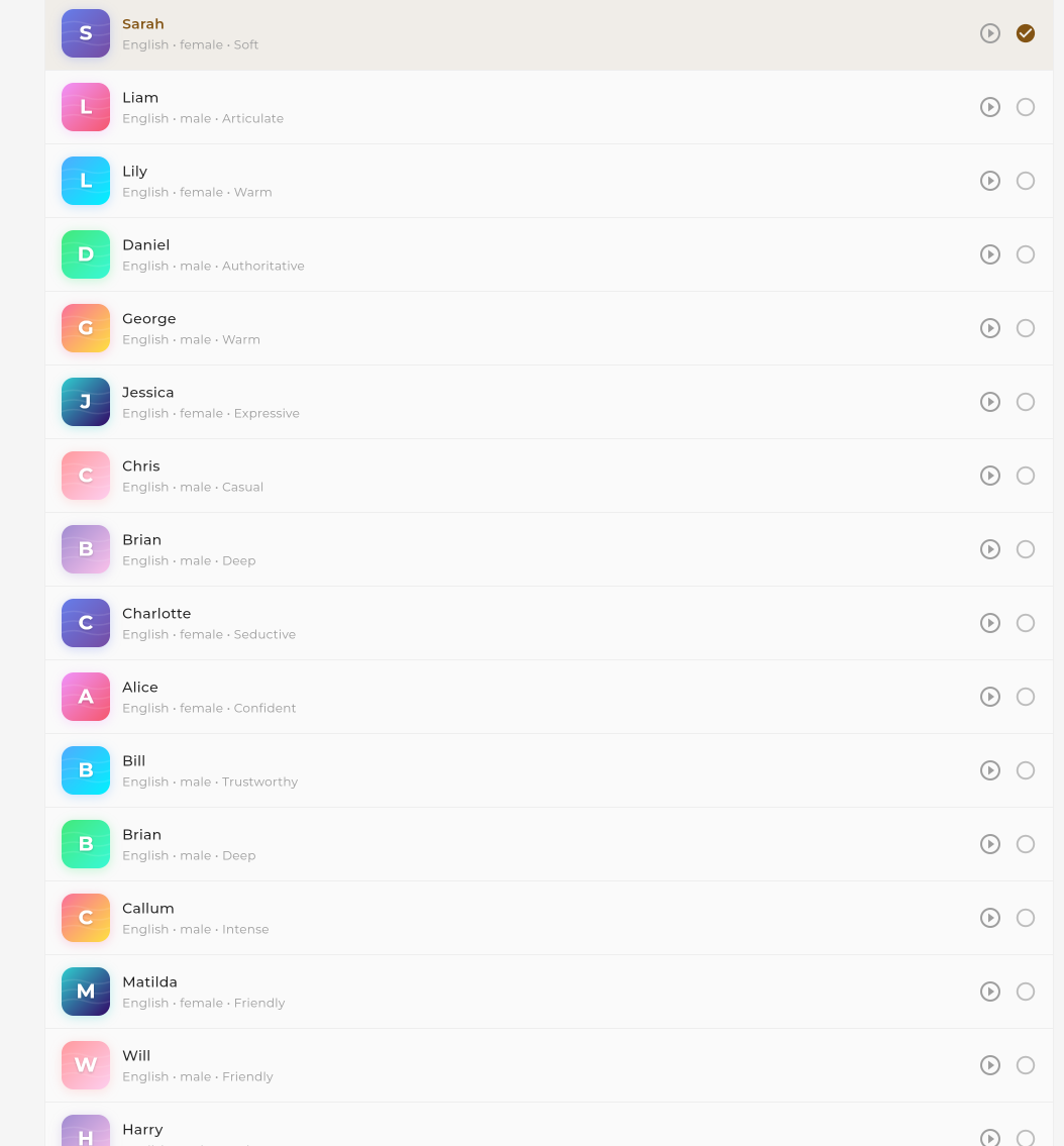Voices list