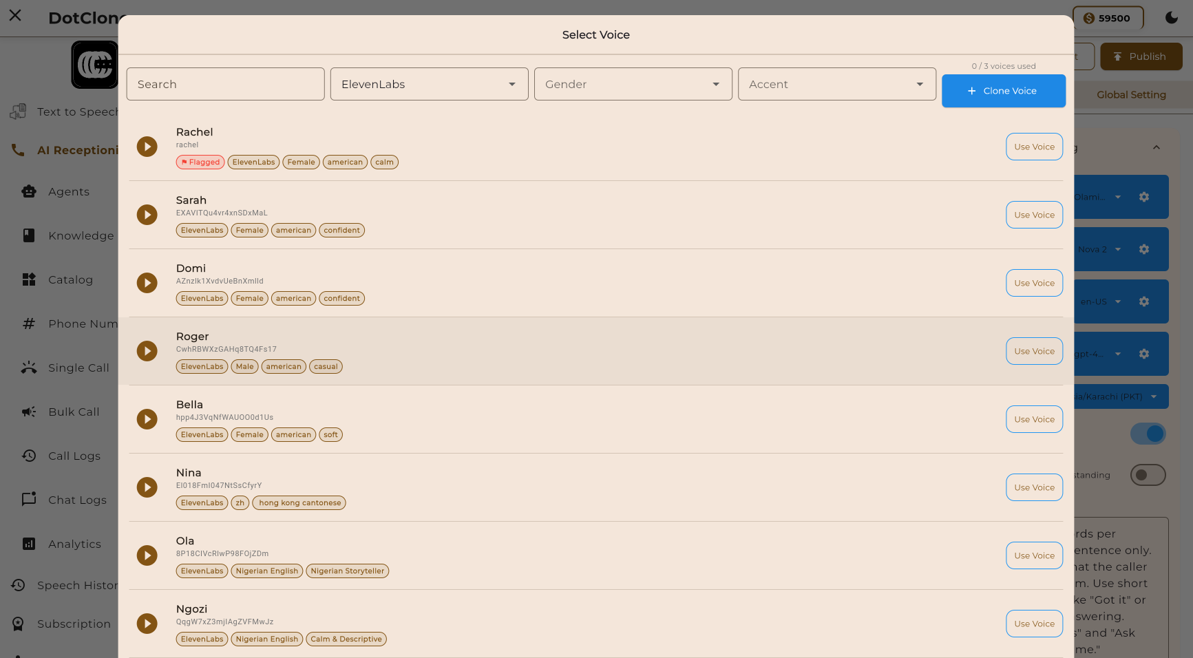 Select cloned voice for Agent