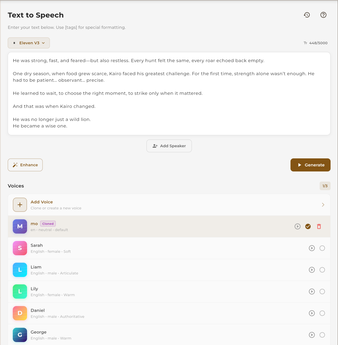 Generate speech with cloned voice